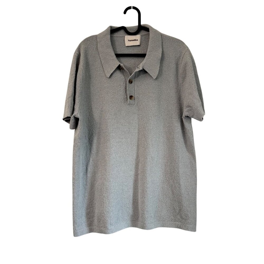 Nanushka Light Blue Cotton French Terry Short Sleeve Polo Shirt Mens Small